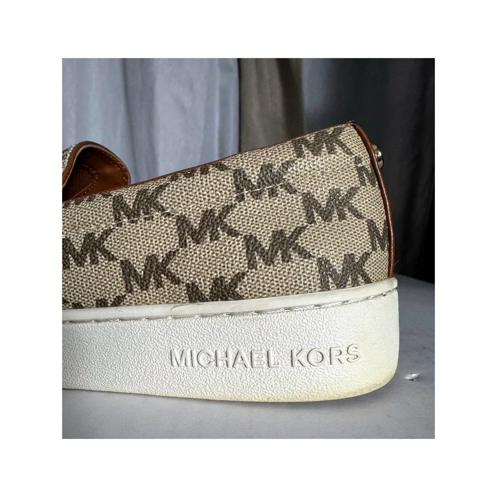 Michael Kors Womens MK Signature Logo Slip On Sneakers Tan Brown Sz 9